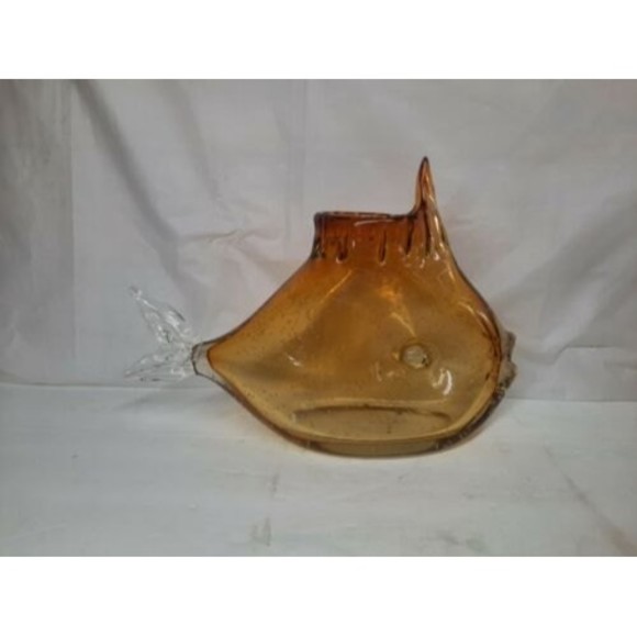Large Crystal Art Glass Hand Blown Clear Fish Sea Ocean Beach Vase Bowl Amber 11 - Picture 5 of 9